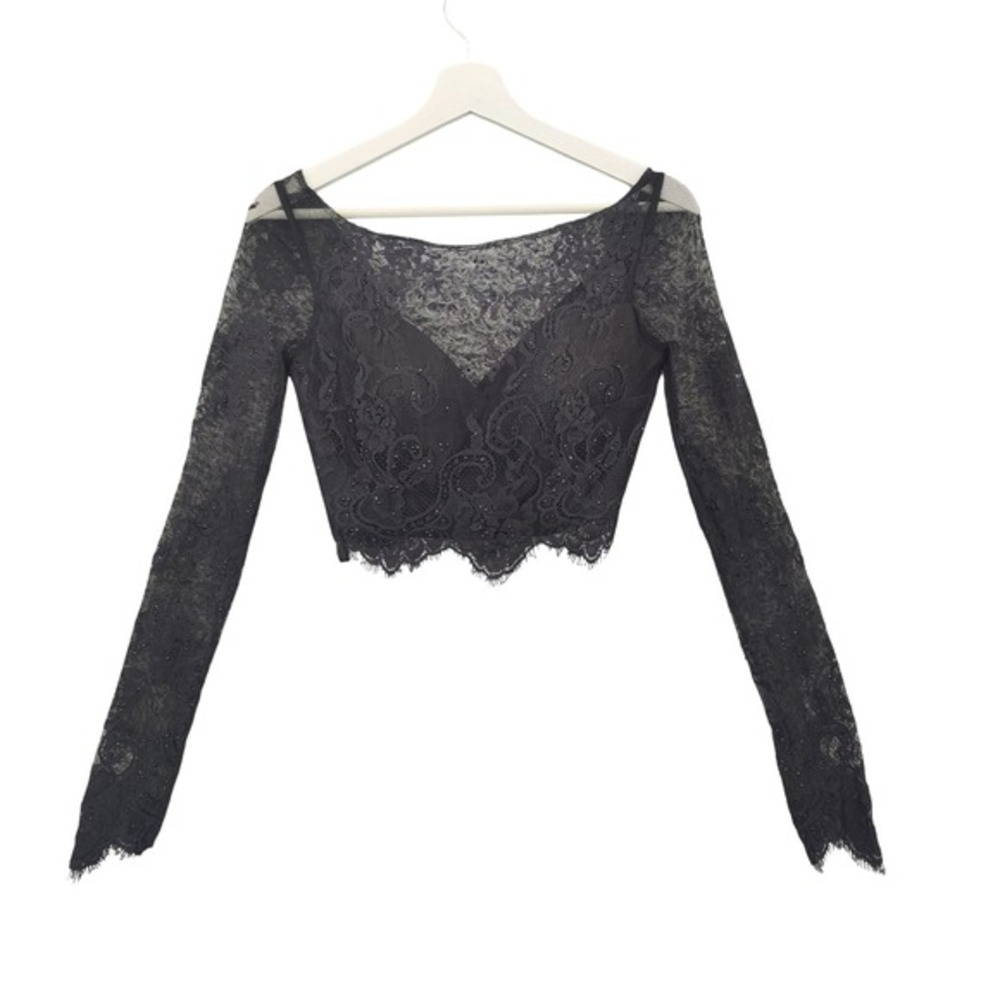 Vintage Women Goth Coquette Crop Top XS/S Black Rhinestone Corset Bone Lace Glam